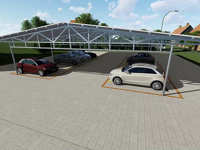 Covered Parking Lot With Carport And Multiple Cars Parked On Paved Surface 3d model