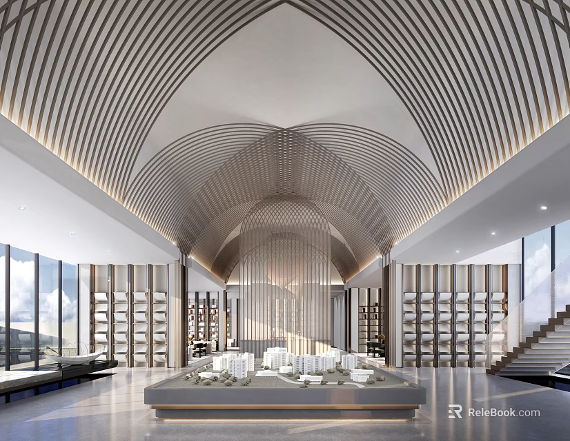 Modern Luxury Sales Office With Curved Wooden Ceiling Sand Table Large Windows Bookshelves And Staircase 3d model 