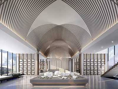 Modern Luxury Sales Office With Curved Wooden Ceiling Sand Table Large Windows Bookshelves And Staircase 3d model