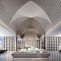 Modern Luxury Sales Office With Curved Wooden Ceiling Sand Table Large Windows Bookshelves And Staircase