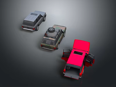 Gray Camouflage Green and Red Toy Cars with Open Doors Displayed on Dark Surface 3d model