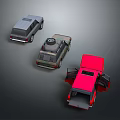 Gray Camouflage Green and Red Toy Cars with Open Doors Displayed on Dark Surface