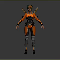 Futuristic Female Character In Orange Black Combat Suit With Green Headgear And Mechanical Wings