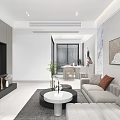 Modern Living Dining Room Interior Design With Beige Sofa Round Coffee Table And TV Wall