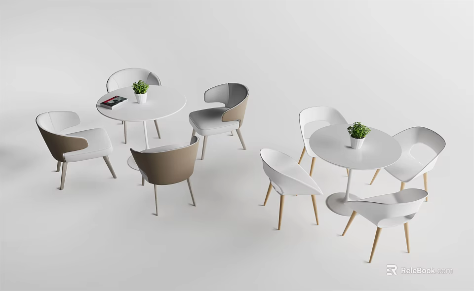 Modern Dining Table And Chair Set With Round Top Colored Seats And Potted Plants 3d model 
