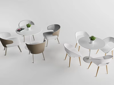 Modern Dining Table And Chair Set With Round Top Colored Seats And Potted Plants 3d model