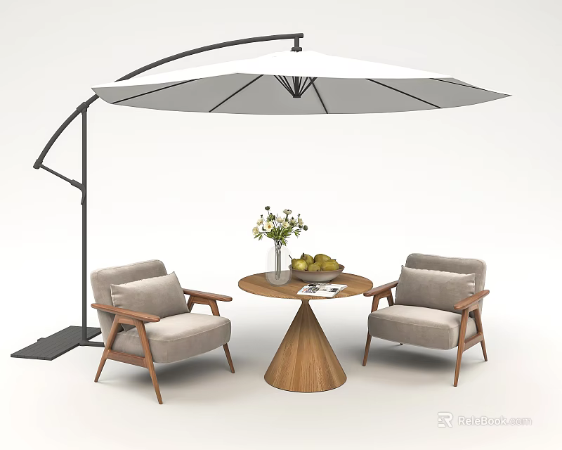 Two Comfortable Lounge Chairs With Round Wooden Table Vase Flowers And Large Cantilever Umbrella 3d model 