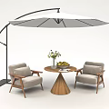 Two Comfortable Lounge Chairs With Round Wooden Table Vase Flowers And Large Cantilever Umbrella