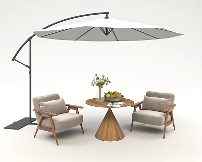 Two Comfortable Lounge Chairs With Round Wooden Table Vase Flowers And Large Cantilever Umbrella 3d model