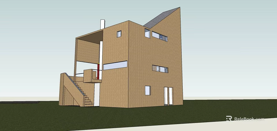 Modern Detached House With Wooden Exterior Multiple Windows And External Staircase 3d model 