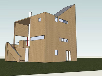 Modern Detached House With Wooden Exterior Multiple Windows And External Staircase 3d model