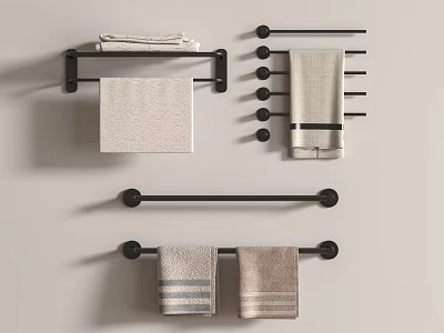 Neutral Colored Towels On Black Wall Mounted Towel Racks With Striped Design 3d model