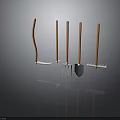 Five Piece Garden Tool Set With Orange Handles And Metal Heads On Dark Surface