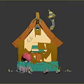 Cartoon Style Small House With Green Roof Orange Trim Porch Steps And Yellow Windows