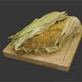 Delicious Roasted Corn with Partially Peeled Husk and Yellow Kernels on Wooden Cutting Board