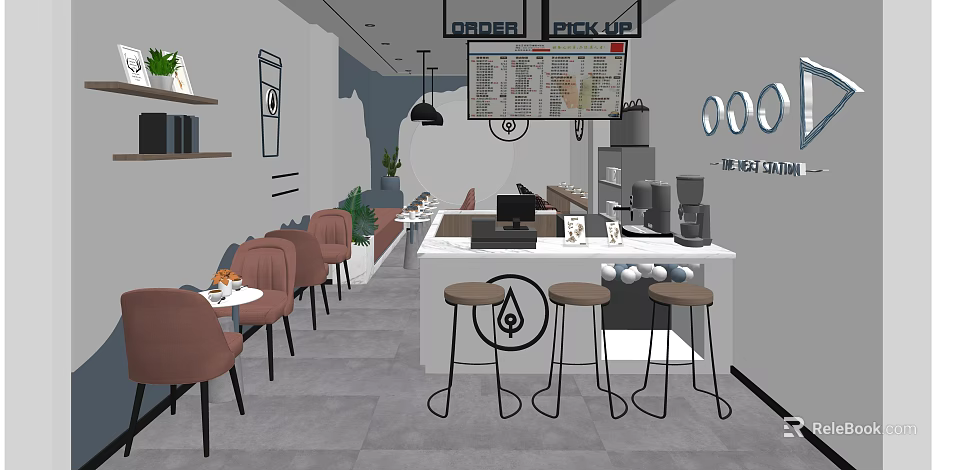 Modern Bubble Tea Shop Interior With Counter Stools Menu Board And Seating Area 3d model 
