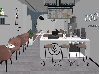 Modern Bubble Tea Shop Interior With Counter Stools Menu Board And Seating Area 3d model
