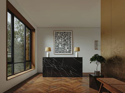 Modern Shower Sauna Interior With Black Marble Counter And Herringbone Wooden Floor 3d model