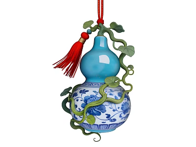 Traditional Chinese Gourd Shaped Hanging Decoration with Blue and White Porcelain Green Vines Red Tassel 3d model