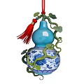 Traditional Chinese Gourd Shaped Hanging Decoration with Blue and White Porcelain Green Vines Red Tassel