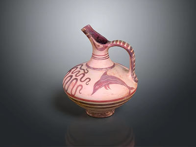 Ancient Earthenware Jug With Dolphin Motif Pink Red Patterns Curved Spout And Decorative Handle 3d model