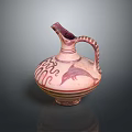 Ancient Earthenware Jug With Dolphin Motif Pink Red Patterns Curved Spout And Decorative Handle