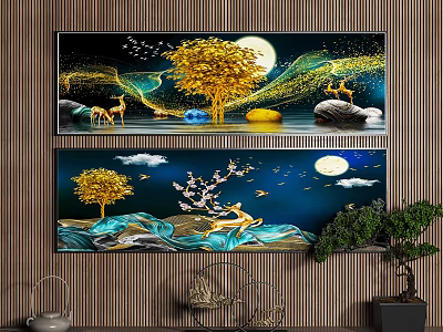 Chinese Landscape Painting With Golden Tree Deer And Moon Over Blue Waves 3d model
