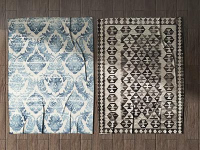 Square Rugs Featuring Blue White Floral And Black White Geometric Patterns On Wooden Floor 3d model