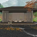 Japanese Garden Courtyard With Wooden Pavilion Pebbles Maple Leaves Stone Lantern And Green Plants