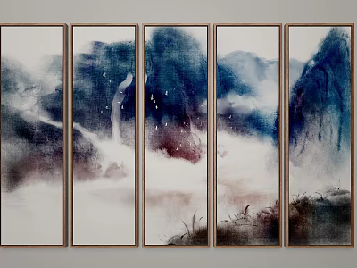 Five Panel Ink Painting Screen Art With Mountain Water And Misty Scenery 3d model