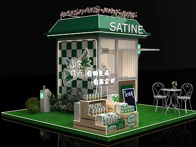 Green Roof Outdoor Booth With Checkerboard Wall SATINE Brand Tables Chairs And Beverage Bottles 3d model