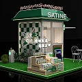 Green Roof Outdoor Booth With Checkerboard Wall SATINE Brand Tables Chairs And Beverage Bottles
