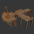 Wooden Stilt Supported Waterfront Building With Platforms Railings And Small Boat