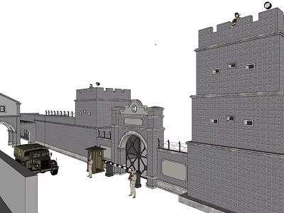 Ancient City Wall With Traditional Gate Tower And Vintage Car Nearby People 3d model