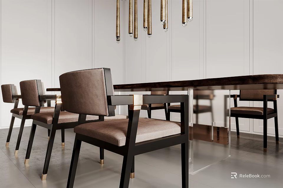 Modern Dining Table Set With Upholstered Chairs And Gold Pendant Lights 3d model 