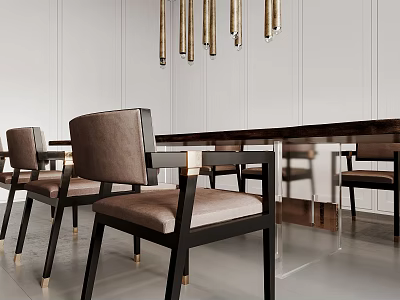 Modern Dining Table Set With Upholstered Chairs And Gold Pendant Lights 3d model