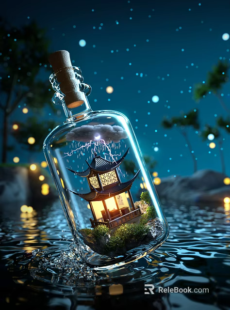 Ancient Chinese Pavilion Inside Glass Bottle With Lightning Rain Night Water Lights 3d model 