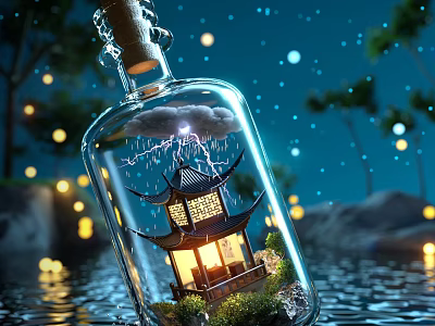 Ancient Chinese Pavilion Inside Glass Bottle With Lightning Rain Night Water Lights 3d model