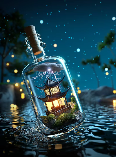 Ancient Chinese Pavilion Inside Glass Bottle With Lightning Rain Night Water Lights 3d model