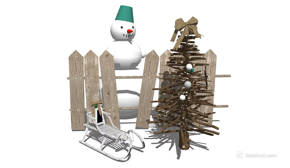 Christmas Photo Spot With Snowman Decorated Tree Rustic Fence And White Sled 3d model 