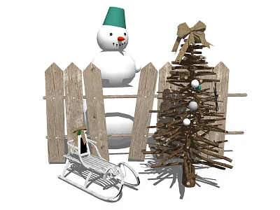 Christmas Photo Spot With Snowman Decorated Tree Rustic Fence And White Sled 3d model