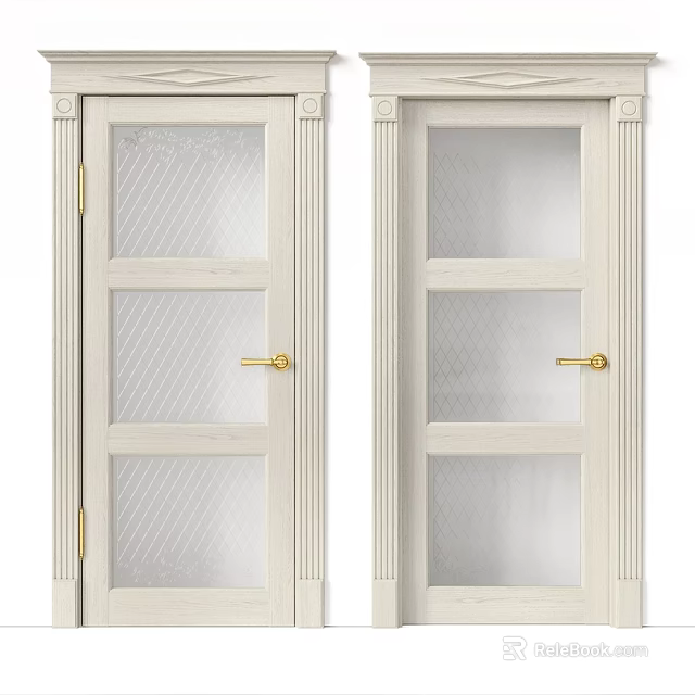 White Swing Doors With Glass Panels Golden Handles And Decorative Frames 3d model 