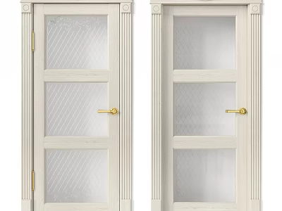 White Swing Doors With Glass Panels Golden Handles And Decorative Frames 3d model