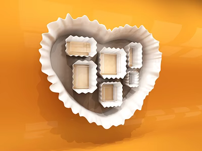 Elegant Window Display with Heart Shaped White Container and Small Boxes on Orange Background 3d model