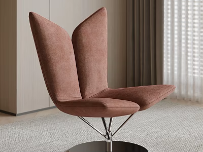Modern Brown Velvet Leisure Chair With Double Leaf Backrest And Metal Round Base 3d model
