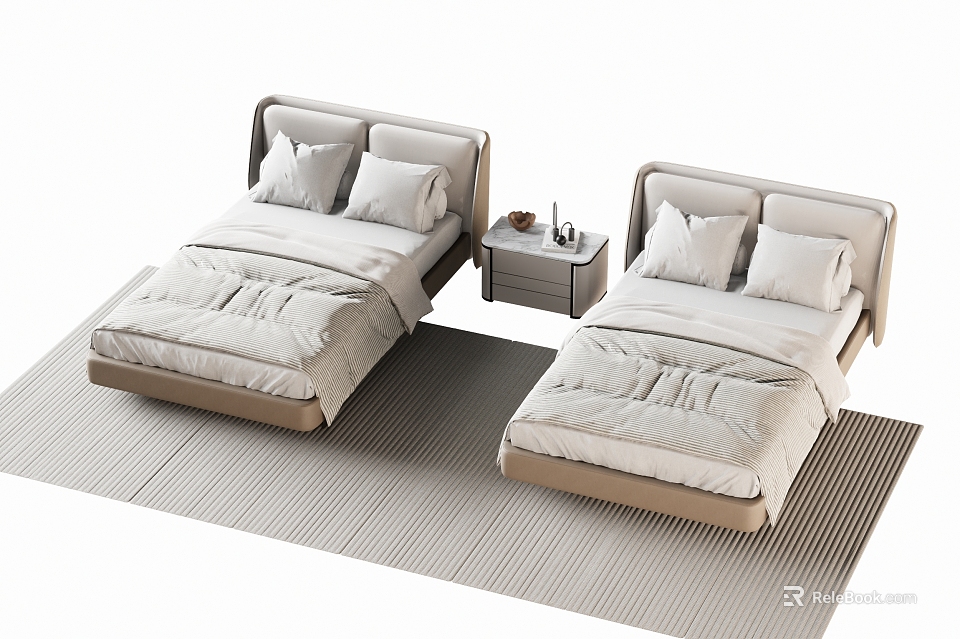 Two Modern Single Beds with Headboard Cushions Bedspread Pillows and Nightstand in Light Toned Bedroom 3d model 