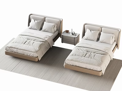Two Modern Single Beds with Headboard Cushions Bedspread Pillows and Nightstand in Light Toned Bedroom 3d model