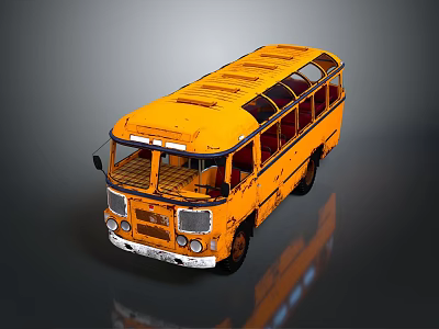 Yellow Vintage Rusty Bus With Roof Hatches Side Windows And Reflective Surface 3d model