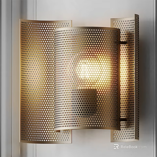Brass Perforated Metal Wall Sconce with Warm Light Mounted on Modern Wall 3d model 