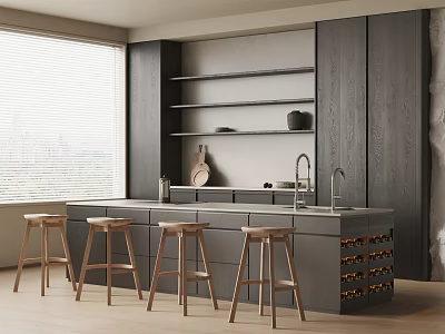 Modern Kitchen Interior Design With Gray Cabinets Island Wine Rack And Wooden Stools 3d model